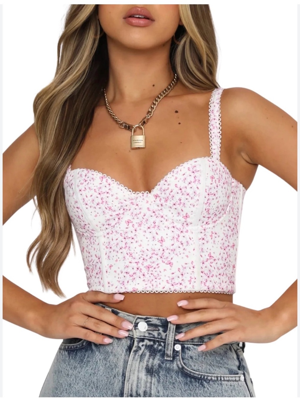 White fox Floral Bustier Crop Top / corset with Pink Flower Print - size small